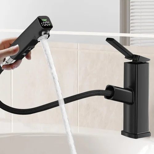 Miniatura 7 de HANLIAN Grifo extraíble de baño de un solo orificio con boquilla giratoria, grifo de una manija para lavabo de baño, grifo de baño moderno con Cromo