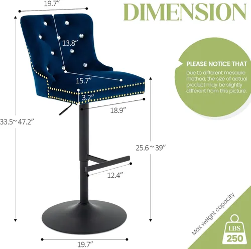 Miniatura 2 de Taburete de bar ajustable, silla de terciopelo con función giratoria y base negra, taburete de altura de mostrador para cocina, comedor y muebles