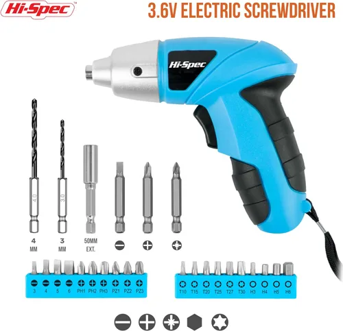 Miniatura 2 de Hi-Spec Juego de destornilladores eléctricos de pequeña potencia USB azul de 27 piezas de 3.6 V. Inalámbrico y recargable con juego de puntas