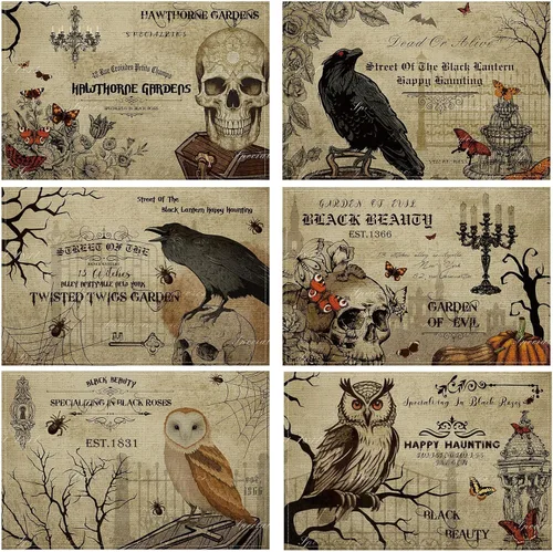 Miniatura 10 de Umigy 6 manteles individuales de Halloween de 12 x 18 pulgadas, manteles individuales góticos de murciélago para decoración de cocina, manteles
