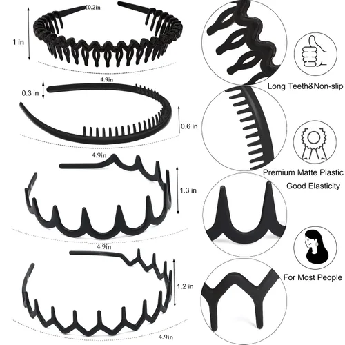 Miniatura 2 de ULTIMUTE 8 diademas de plástico antideslizantes y sin esfuerzo con peine de dientes, accesorios para el cabello negro, para mujeres, hombres, Negro