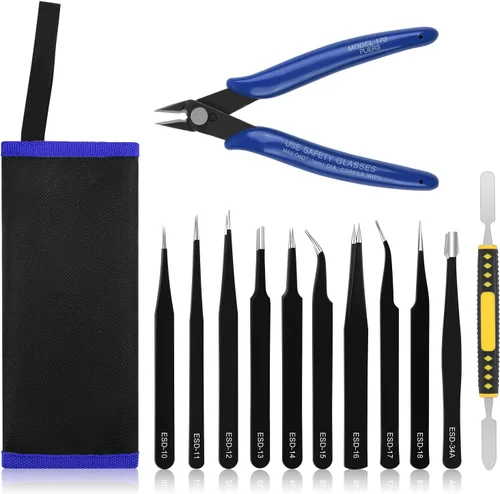 Ainiv Juego de pinzas de precisión, 11 piezas de pinzas ESD antiestáticas con 1 cortador de alambre micro para modelado, reparación electrónica, 12