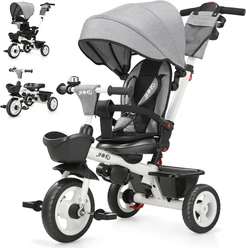 JMMD Cochecito de triciclo 7 en 1 con asa de empuje, triciclo de bebé con asiento giratorio de 360°, respaldo reclinable, ruedas todo terreno, gris