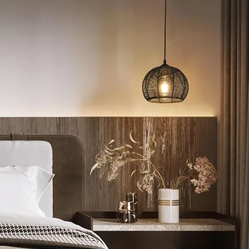 Miniatura 8 de Ayshwill Dec Lámpara de araña negra tejida estilo boho de ratán y mimbre con cúpula, lámpara colgante para comedor, dormitorio, isla de cocina