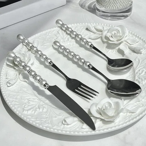 Moderno juego de cubiertos para 16 elegantes cubiertos de acero inoxidable 18/10, mango de perla, 64 cuchillos, tenedores y cucharas, juego de