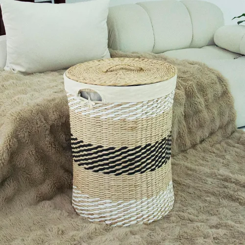 Miniatura 8 de Furnnylane Cesta de mimbre tejida a mano con tapa, 20 galones (75 L) Cesta grande para lavandería con forro extraíble para lavandería y decoración