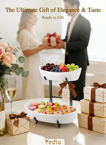 Miniatura 8 de Cuencos de frutas para encimera de cocina, no requiere montaje, cuencos de porcelana de 2 niveles con soporte de metal, cesta de frutas escalonada