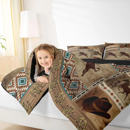 Miniatura 5 de Juego de ropa de cama de vaquero occidental, juego de edredón tamaño Queen para niños y hombres, ropa de cama azteca, rústico, granja, herradura