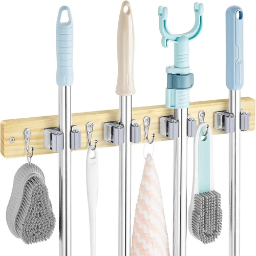 Miniatura 8 de OUTNILI Soporte de Pared Negro para Escoba y Trapeador con 4 Ranuras y 4 Ganchos - Colgador de Escoba y Trapeador de Madera Rústica para Despensa