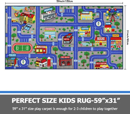 Miniatura 2 de Capslpad Alfombra Azul de Coche y Carretera para Niños, Alfombra de Juego para Sala de Juegos, Alfombra Antideslizante Lavable con Mapa de la Ciudad