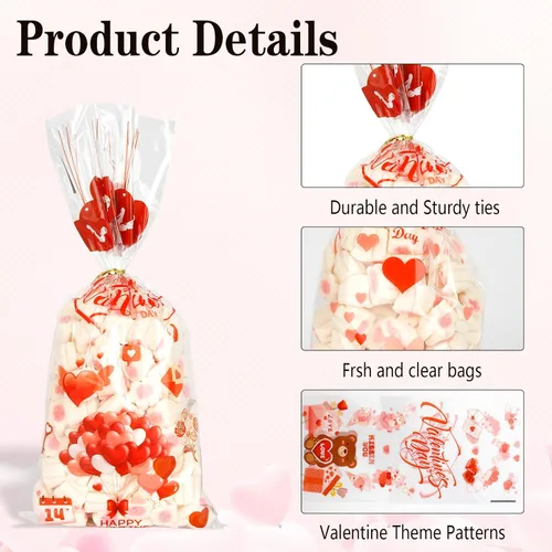 Miniatura 4 de Bolsas de celofán para dulces de San Valentín, 100 piezas de bolsas de dulces de San Valentín, bolsa de regalo de celofán de plástico para galletas