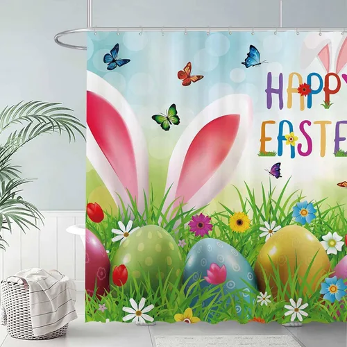 Miniatura 2 de Allenjoy Cortina de ducha de Pascua de 72 x 72 pulgadas, diseño de orejas de conejo divertidas de dibujos animados, jardín de primavera, huevos