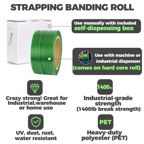 Miniatura 4 de Rollo de bandas de embalaje de alta resistencia, poliéster verde PET de grado industrial, bobina de correa de palé de 1000 x 5/8 x 0.035 pulgadas