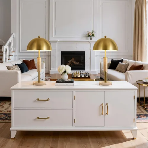 Miniatura 3 de KAISITE Juego de 2 lámparas de mesa modernas de 61 cm para sala de estar, lámpara de mesita de noche de metal dorado con travertino decorativo