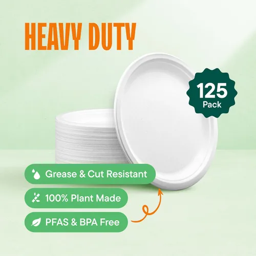 Miniatura 2 de Stack Man Platos de papel 100% compostables de 9 pulgadas, resistentes [paquete de 125] platos desechables ecológicos de bagazo blanco hechos