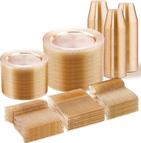 Miniatura 30 de WELLIFE Juego de vajilla desechable de 600 piezas color dorado y blanco para 100 invitados, platos de plástico blanco con borde dorado, platos