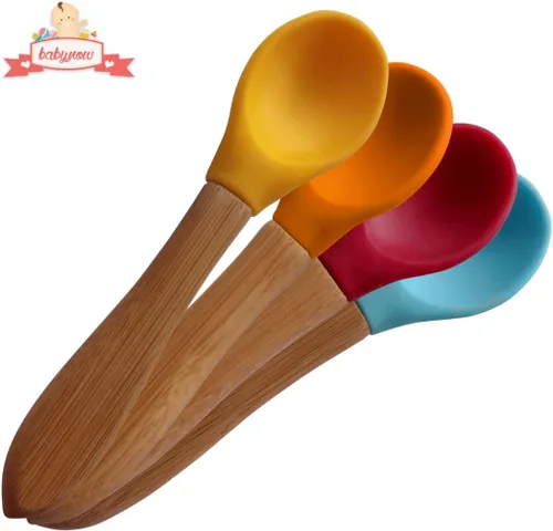 Miniatura 6 de Cucharas de bambú para bebé, paquete de 4 cucharas de destete para niños pequeños, cuchara de silicona con punta suave de mango de bambú, utensilio