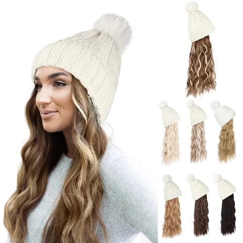 Miniatura 12 de Flufymooz Gorro con peluca, extensión de pelo con gorro de piel sintética con pompón largo ondulado rizado, peluca con gorro adjunto de 20 pulgadas