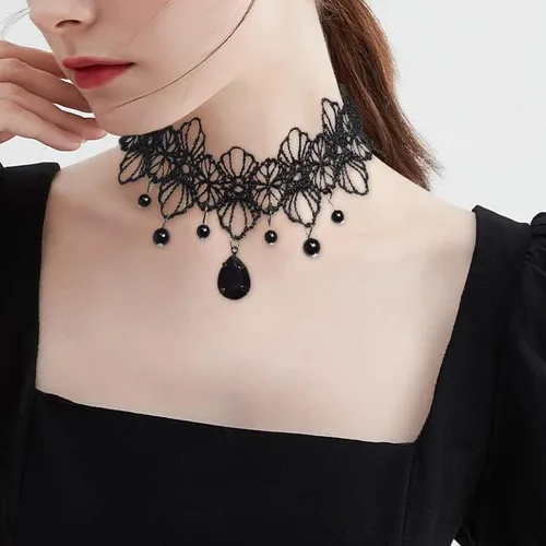 Miniatura 2 de Gargantilla de encaje gótico negro ajustado delicado vestido de fiesta de disfraces joyería de Halloween para mujeres y niñas