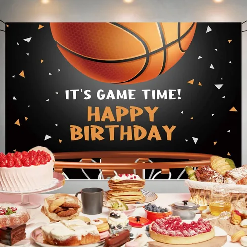 Miniatura 2 de Fondo de baloncesto con texto en inglés «Happy Birthday» para decoración de fiesta de baloncesto en interiores y exteriores, suministros