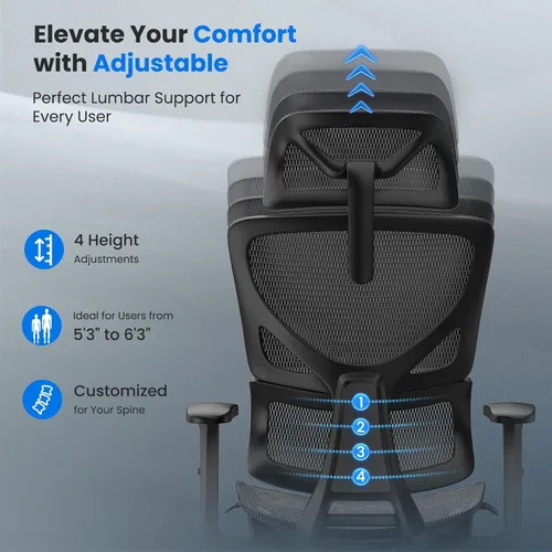 Miniatura 7 de OdinLake L1 Ergo Upgrade 518 - Silla de oficina ergonómica de malla gris – Grande y alta, 350 libras, soporte lumbar ajustable, profundidad