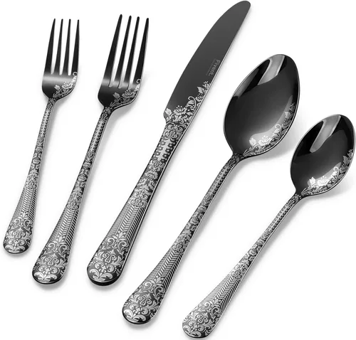 Miniatura 8 de Juego de cubiertos de damasco floral negro rosa – 20 piezas – Incluye 8 cucharas, 8 x tenedores, 4 cuchillos – acero inoxidable – apto