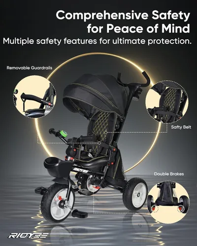 Miniatura 6 de RIDYEE 7-en-1 Triciclo plegable para niños pequeños de 18 meses a 5 años, cochecito triciclo con frenos duales, neumático de goma todo terreno