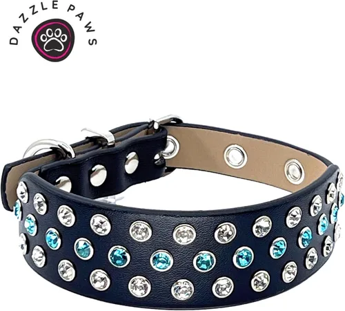 Miniatura 2 de Collar de perro con diamantes de imitación con brillantes piedras aguamarina tachonadas en cuero ancho de microfibra negra, detalles de diseñador