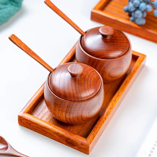 Miniatura 5 de Cuenco de madera para sal y pimienta, caja de especias con tapa, cuchara, sal, bodega, tazones para especias, soporte para azúcar de cocina