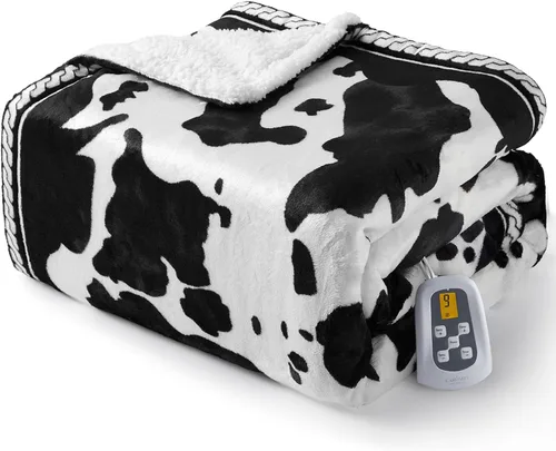 Miniatura 12 de CAROMIO Manta eléctrica con calefacción, manta de calentamiento rápido con estampado de vaca con controlador LCD, 6 niveles de calor y apagado