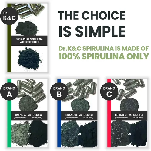 Miniatura 5 de Dr.K&C Suplemento orgánico de superalimento de espirulina – Microalgas verdes azules naturales puras 600 mg 120 cápsulas vegetales Salud Sistema