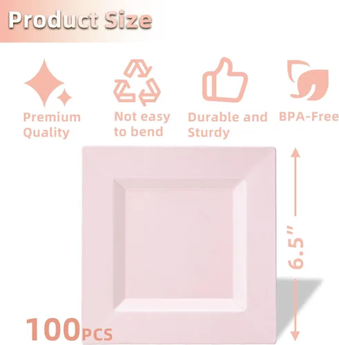 Miniatura 2 de Paquete de 100 platos cuadrados de plástico de postre rosa, platos desechables de 6.5 pulgadas, platos resistentes para fiestas, bodas, Navidad
