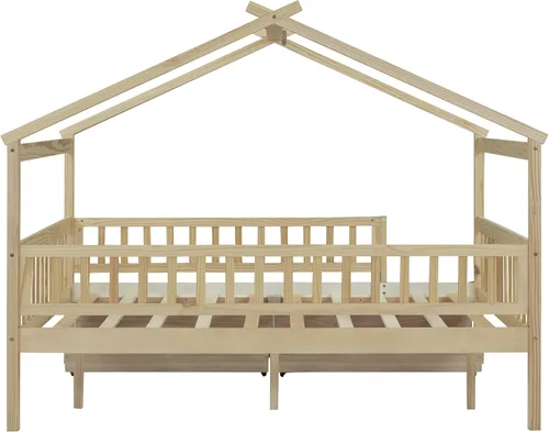 Miniatura 7 de Cama de casa matrimonial para niños, cama Montessori de tamaño matrimonial con 2 cajones de almacenamiento, barandillas y techo, cama