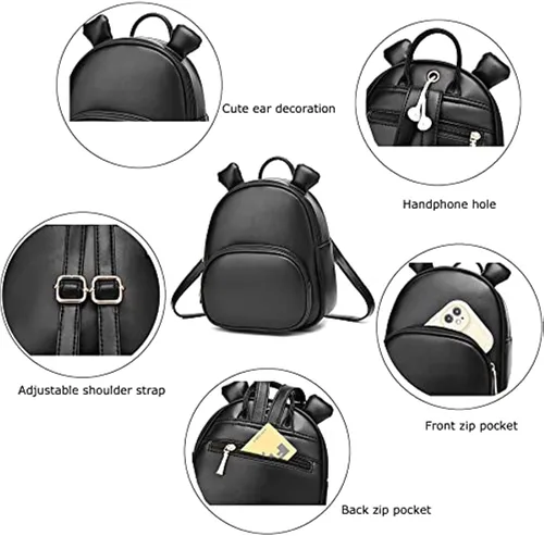 Miniatura 7 de Bonita mochila para adolescentes, niñas, mujeres, tamaño pequeño, bolso de hombro de piel sintética, casual, mini mochilas bolsa de viaje, Negro