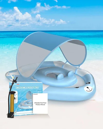 Miniatura 7 de Flotador doble con asiento de seguridad ajustable, toldo UPF 50+ extraíble solar, flotador inflable estilo animal, flotador de natación durante 6-36
