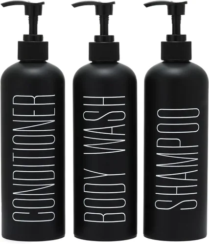 Miniatura 8 de HOMCDALY Juego de 3 botellas recargables negras para ducha de baño de 16 oz - Botellas vacías con bomba para champú, acondicionador o gel corporal
