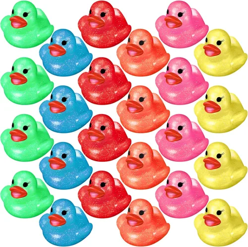Leitee 24 patos surtidos de patos de goma con purpurina para niños, mini patos con purpurina colorida de color neón, juguetes de baño para regalos