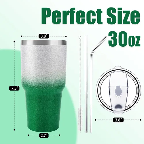 Miniatura 2 de D·S Vaso de 30 onzas con purpurina verde de Navidad con gradiente de acero inoxidable de doble pared aislada al vacío con popote y tapa, cepillo