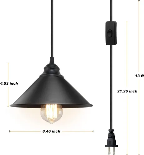 Miniatura 6 de Lámpara colgante enchufable, luz colgante industrial con cable de enchufe, interruptor de encendido/apagado, luz colgante de granja con cable