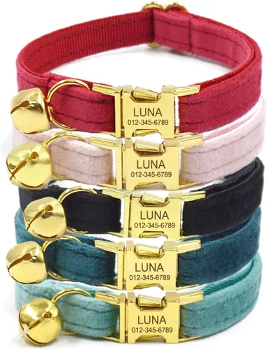 Collar de gato personalizado con nombre grabado y número de teléfono, collares de gatito personalizables para niños y niñas (terciopelo)