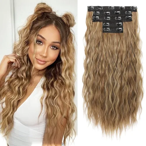 Miniatura 14 de REECHO Extensiones de cabello con clip, 5 piezas, de 24 pulgadas, de color rubio ceniza, extensiones de cabello con ondas largas y sueltas, HE002