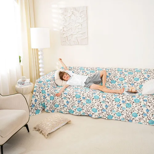 Miniatura 3 de Erosebridal Funda de sofá floral de 71 x 91 pulgadas, diseño de loto, antideslizante, acuarelas, diseño de hojas de flores azules, con pintura