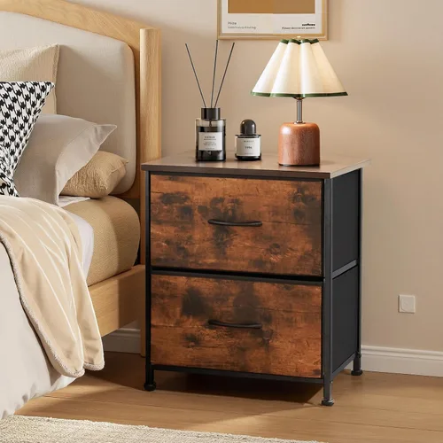 Miniatura 2 de Mesita de noche, cómoda pequeña de 2 cajones mesa auxiliar muebles de cabecera, contenedores de tela con superficie de madera para dormitorio, Marrón