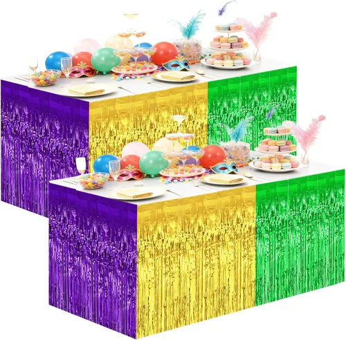 Falda de mesa con flecos metálicos de 2.5 x 10 pies, color verde, dorado y morado, falda de mesa de oropel para fiesta de Mardi Gras, decoraciones