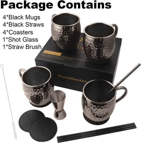 Miniatura 7 de DUNCHATY Moscow Mule - Juego de 4 tazas de regalo negras de acero inoxidable martillado sólido puro para beber, 16 onzas, seguro para alimentos
