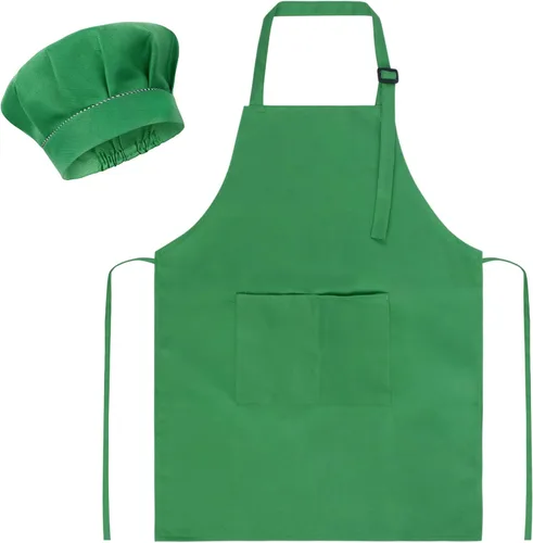SUNLAND Juego de delantal y gorro para niños, delantal de chef para niños para cocinar, hornear y pintar Verde