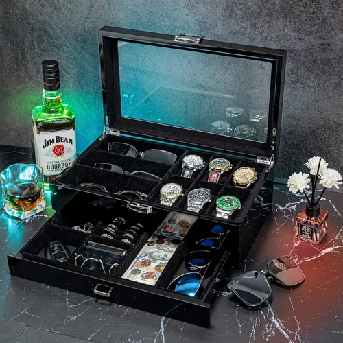 Miniatura 3 de ProCase Lacquered Finish Wooden Men's Jewelry Box Bundle with 18 Slots Sunglasses Organizer