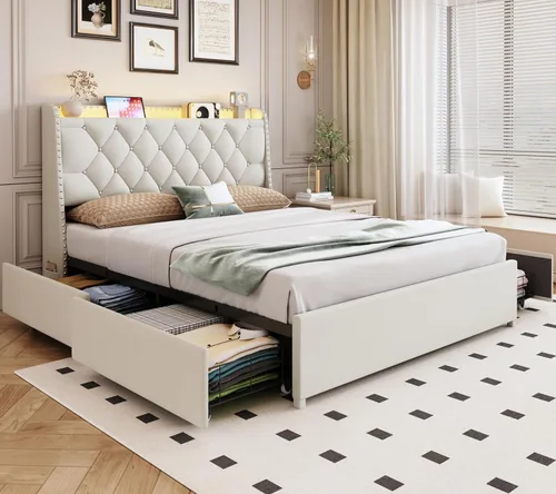 Miniatura 16 de Marco de cama completa con 4 cajones y cabecera de almacenamiento, marco de cama de plataforma tapizada tamaño completo con luces LED y práctica
