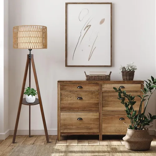 Miniatura 9 de LAMSU Lámpara de pie con trípode bohemio con estantes, lámpara de pie de madera de mediados de siglo con pantallas de ratán y tela, interruptor