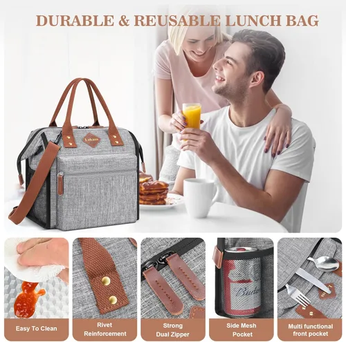 Miniatura 4 de LOKASS Lonchera a prueba de fugas para mujeres, bolsa térmica aislante para almuerzo, bolsa térmica para almuerzo con correa de hombro extraíble